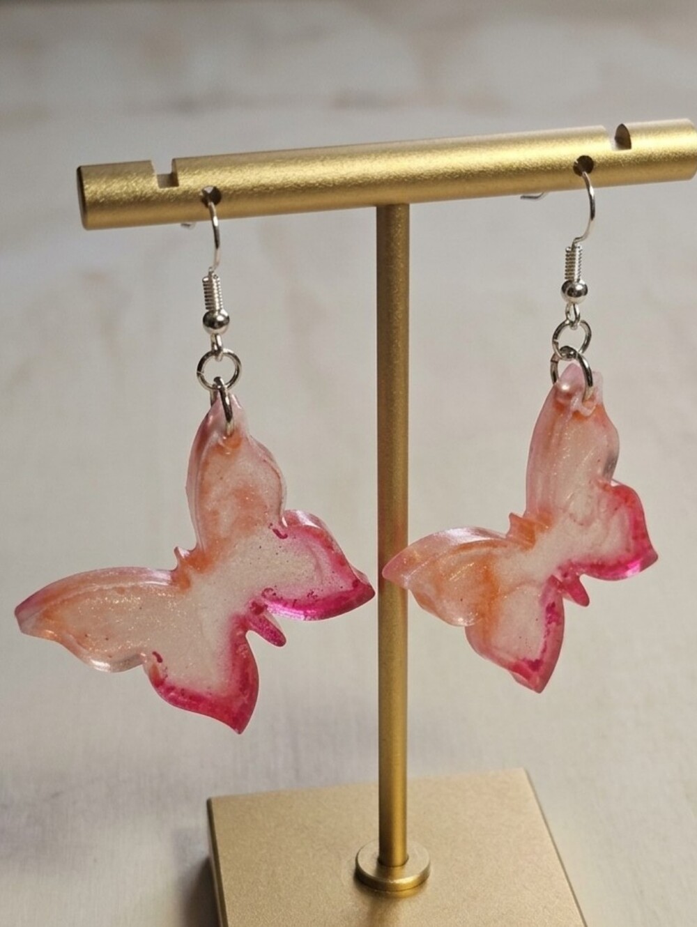 Pink & Peach Resin Butterfly Dangle Earrings | Hypoallergenic